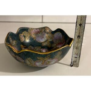 Vintage Cloisonne Style Decorative Green Bowl with Gold Rim and Grape Motif